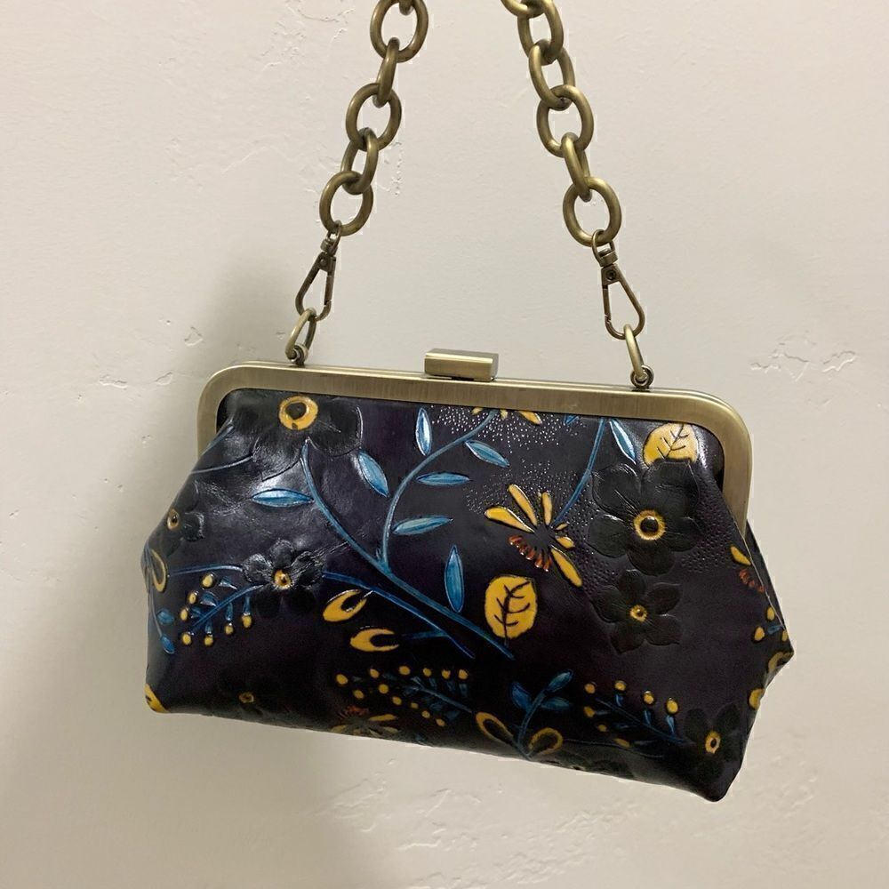 Handmade Genuine Leather Floral Embossed Push-lock Clutch/Shoulder Bag/Crossbody